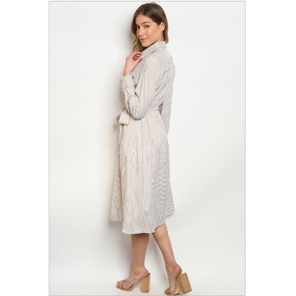 LAST ONE❗ESSUE Taupe Pinstripes Long Midi Shirt Dress - Picture 5 of 7